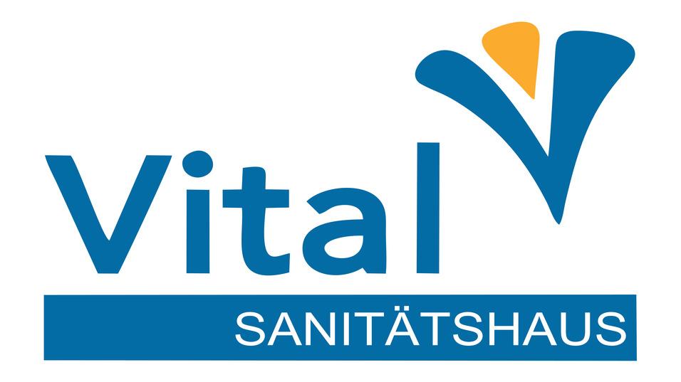 Logo des Vital Sanitätshauses mit blauem Schriftzug und grafischem Symbol in Blau und Orange.