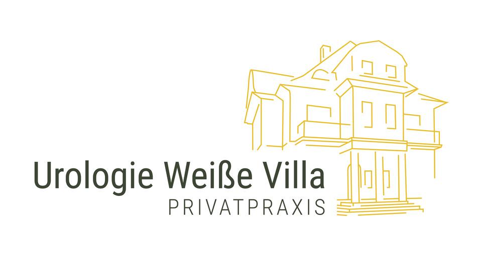 Logo der Urologie Wei&szlig;er Villa mit einer skizzierten Geb&auml;udefront und dem Schriftzug &bdquo;Privatpraxis&ldquo;.