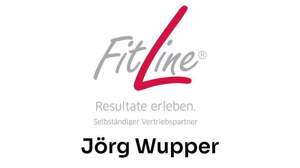 Logo von FitLine mit dem Slogan &bdquo;Resultate erleben&ldquo; und dem Namen J&ouml;rg Wupper darunter.