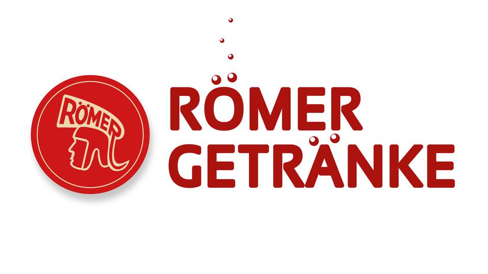 Logo von R&ouml;mer Getr&auml;nke, rot mit einem stilisierten Kopf und blubbernden Sprudeln.