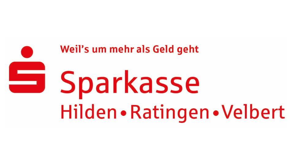 Logo der Sparkasse Hilden-Ratingen-Velbert mit dem Slogan &bdquo;Weil's um mehr als Geld geht&ldquo;.