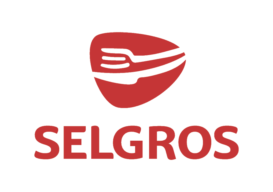 Logo von Selgros mit einer Gabel und einem Teller in Rot und Weiß.