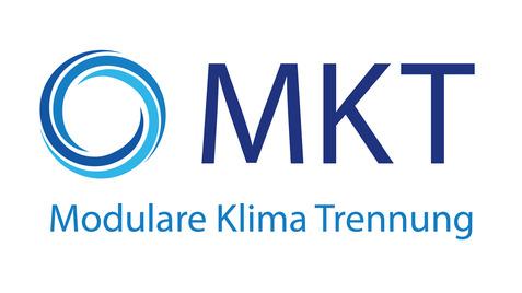 Logo von MKT mit blauer Wasserwelle und der Schriftzug &bdquo;Modulare Klima Trennung&ldquo; in blau.