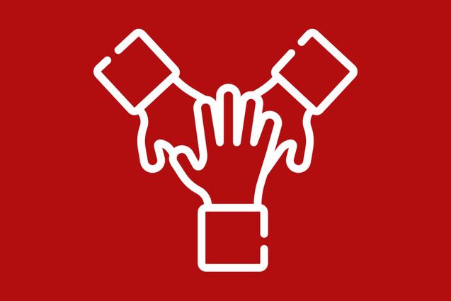 Symbolgrafik von drei H&auml;nden, die zusammen in einer einheitlichen Geste auf rotem Hintergrund angeordnet sind.