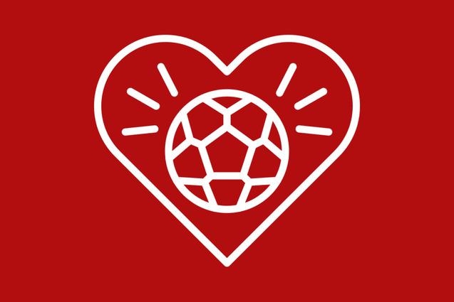 Symbol eines Herzens mit einem Fu&szlig;ball in der Mitte, umgeben von strahlenden Linien auf rotem Hintergrund.